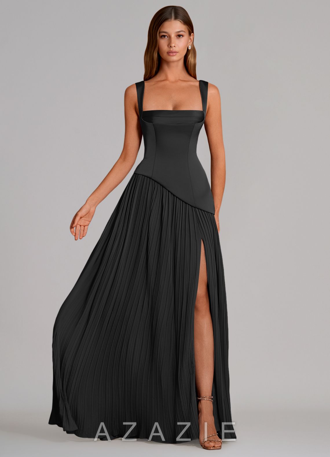 Azazie Stephanie Black A-Line Pleated Stretch Satin Dress black