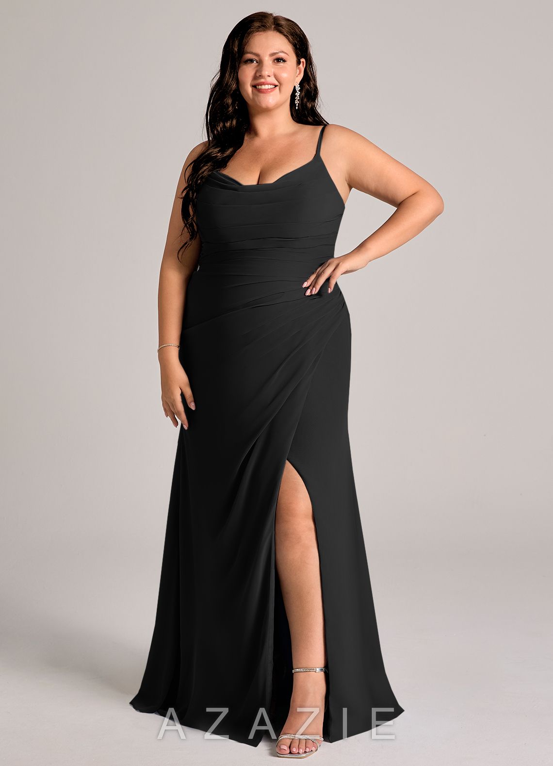 Azazie Deandra Black Mermaid Pleated Chiffon Dress black