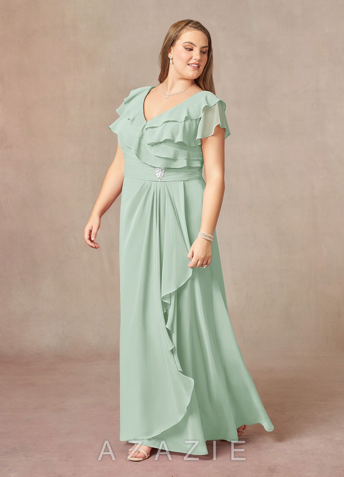 Azazie Snapdragon Agave A-Line V-Neck Ruched Chiffon Dress agave