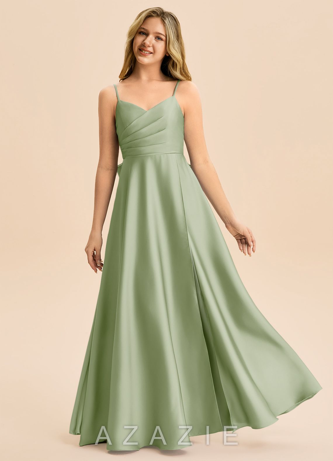 Azazie Rumi Junior Dusty Sage A-Line Pleated Stretch Satin Dress