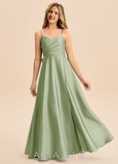 Azazie Rumi Junior Dusty Sage A-Line Pleated Stretch Satin Dress
