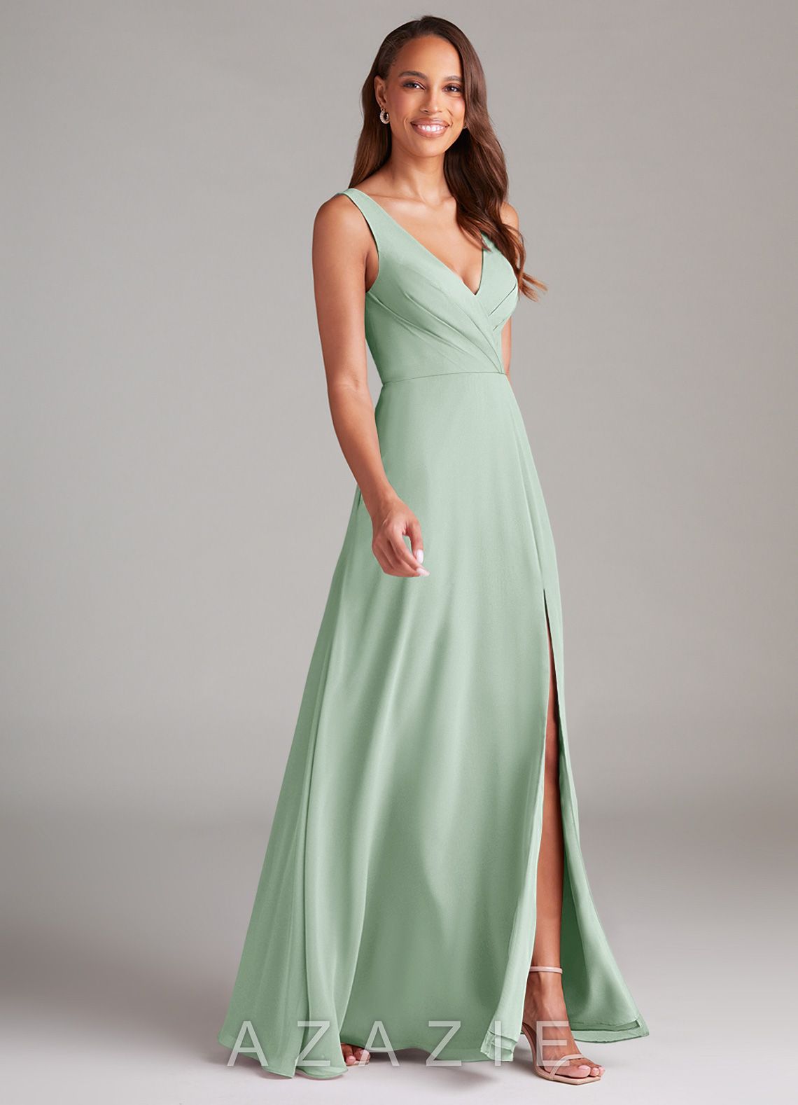 Azazie Nelly Agave A-Line Pleated Chiffon Dress agave