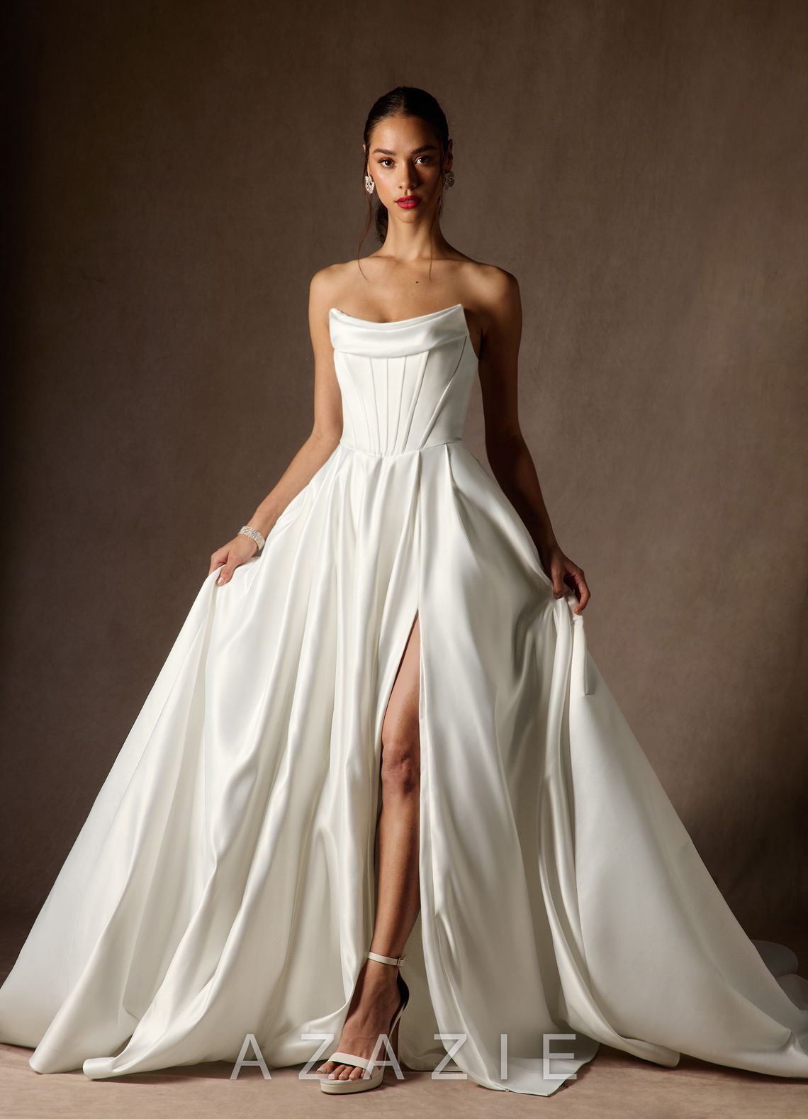 Azazie Katalina Diamond White Ball-Gown Strapless Satin Dress diamond_white