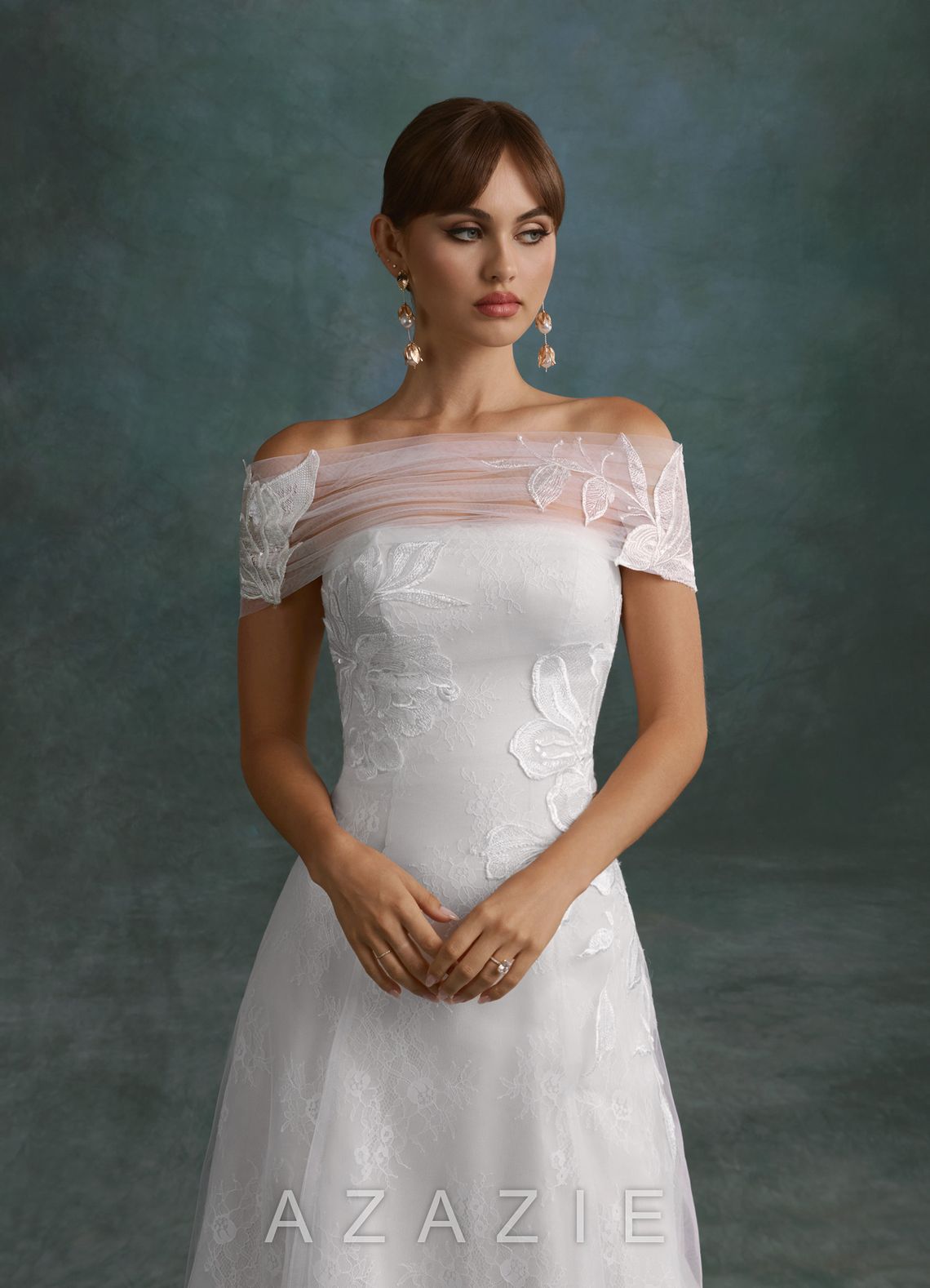 Azazie Berkely Diamond White A-Line Off the Shoulder Tulle Dress