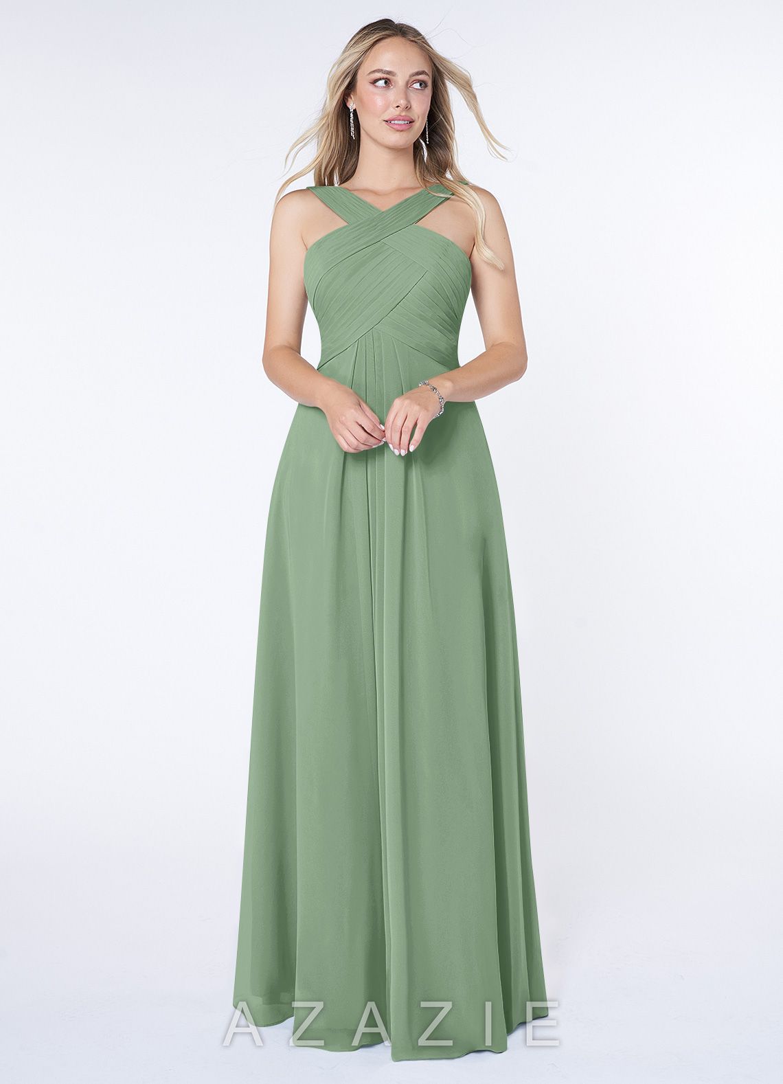 Azazie Kaleigh Matcha A-Line Pleated Chiffon Dress