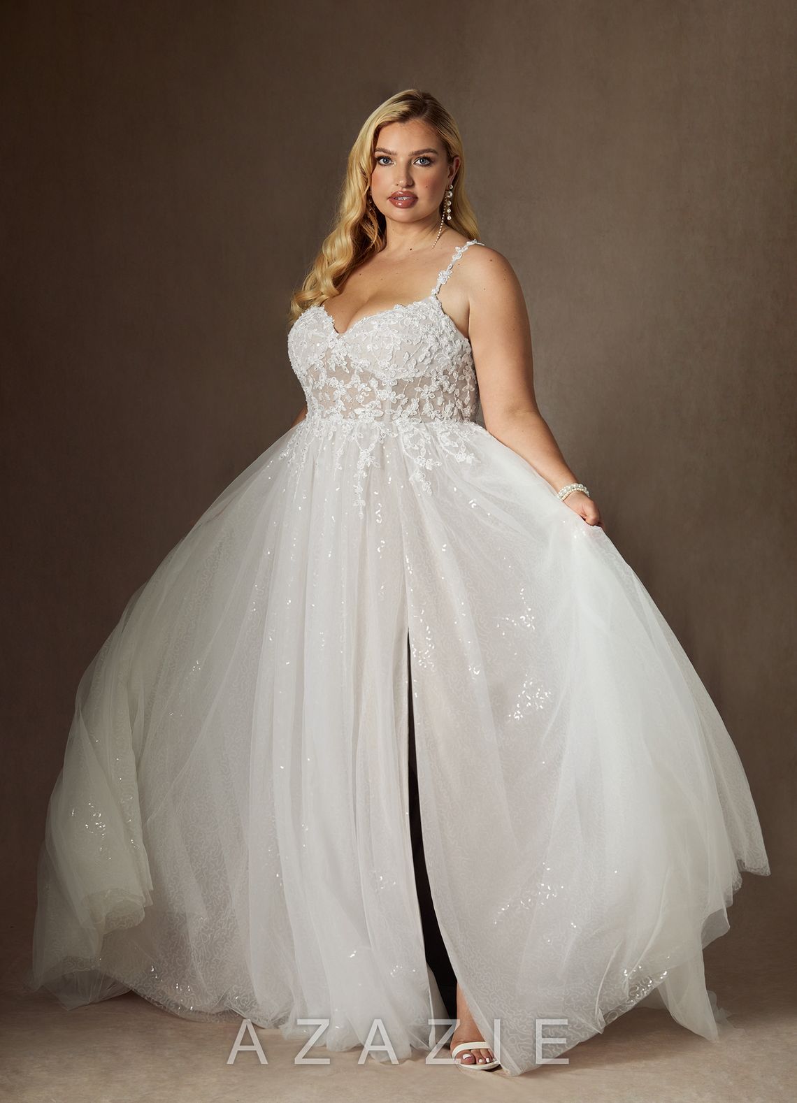 Azazie Florian Wedding Dress Diamond White A-Line V-Neck Sequins Tulle Dress diamond_white