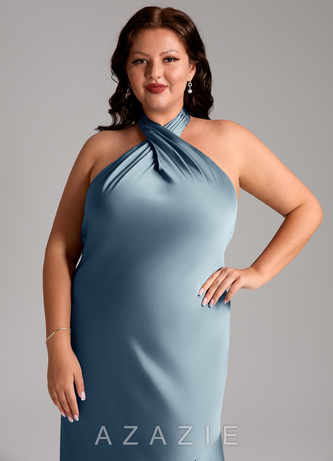 Azazie Lorena Dusty Blue Mermaid Pleated Stretch Satin Dress dusty_blue