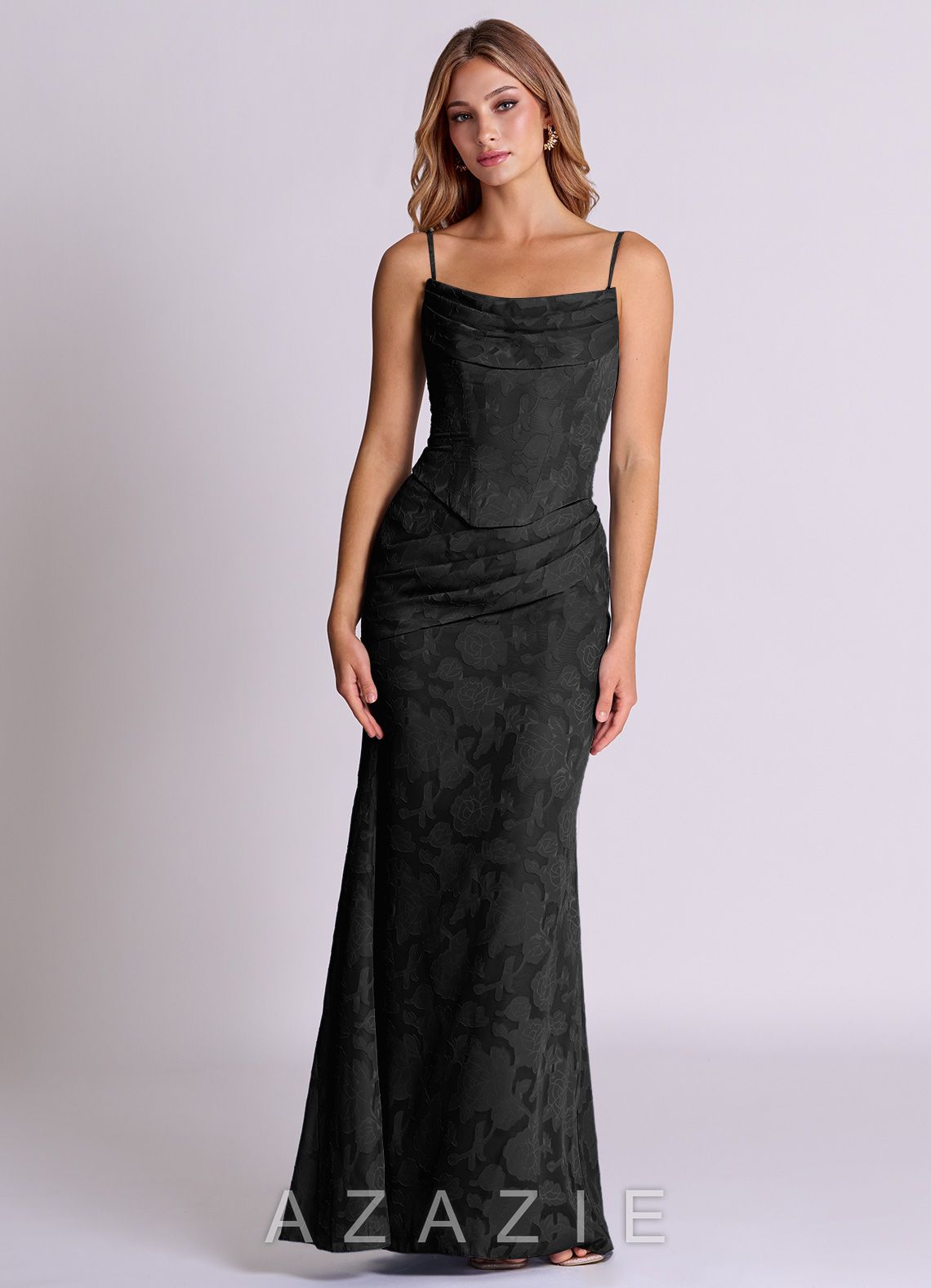 Azazie Sorrel Black Mermaid Corset Floral Burnout Convertible Dress black
