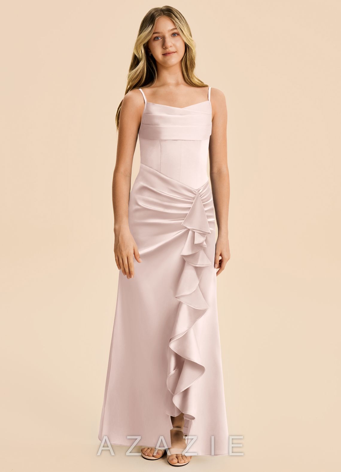 Azazie Rosalia Junior Blushing Pink Sheath Pleated Stretch Satin Dress blushing_pink