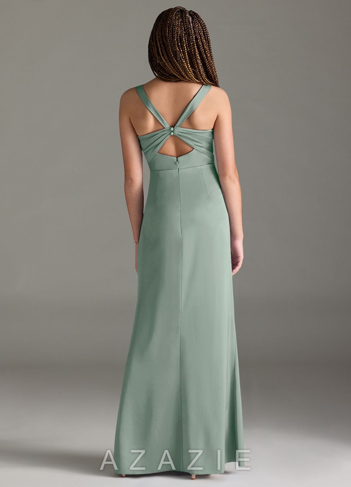 Azazie Mero Junior Agave Mermaid Pleated Stretch Satin Dress agave