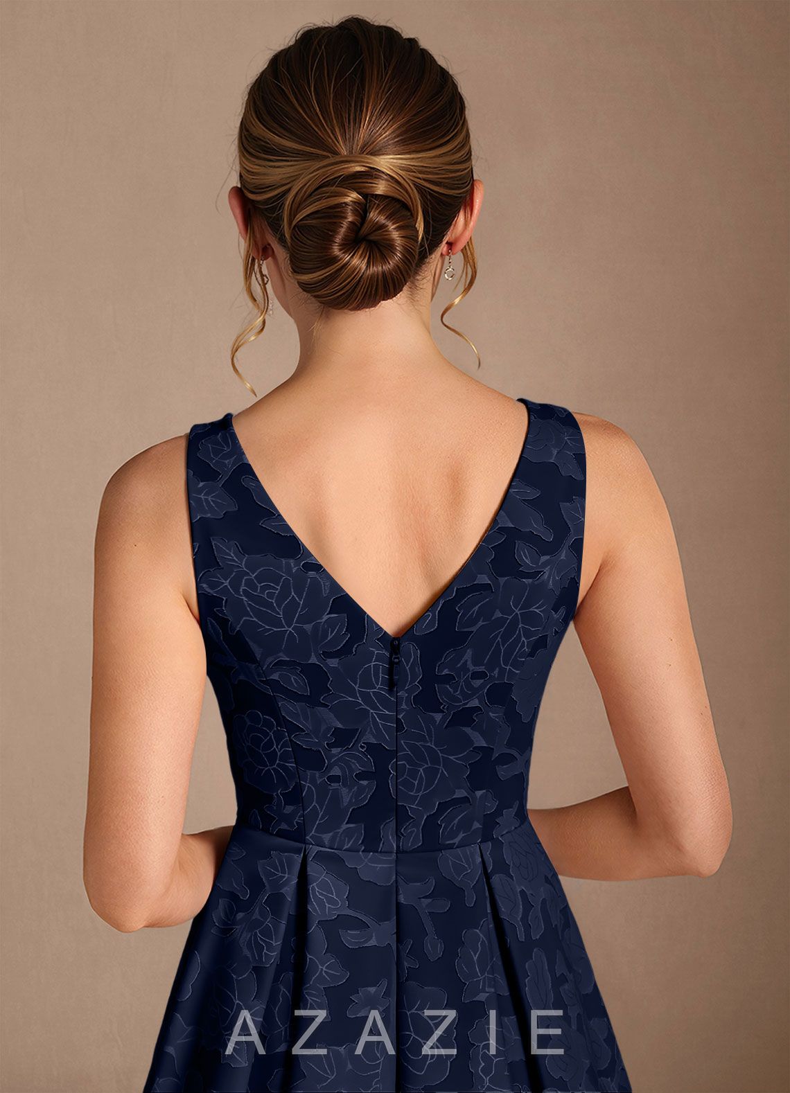 Azazie Fulton Dark Navy A-Line Pleated Floral Burnout Dress dark_navy