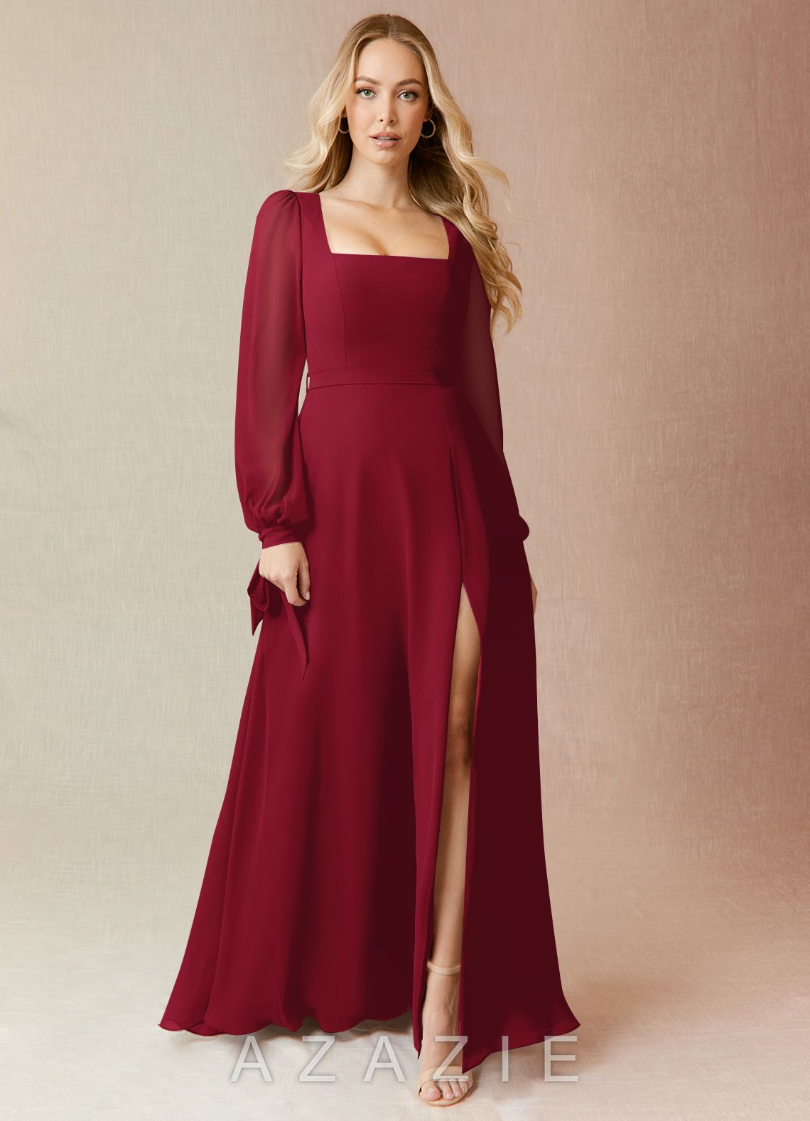 Azazie Leonia Burgundy A-Line Long Sleeve Chiffon Dress burgundy