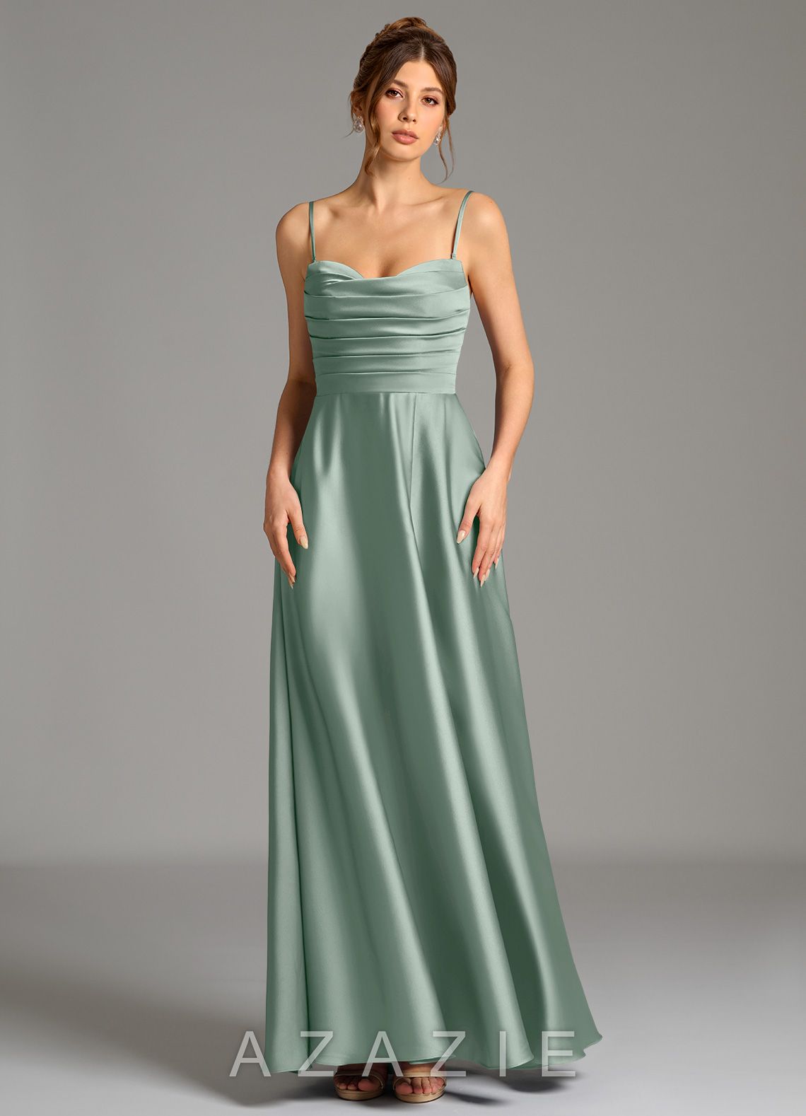 Azazie Ayla Agave A-Line Corset Stretch Satin Dress agave