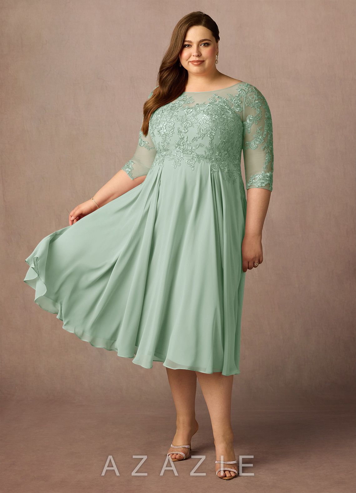 Azazie Marge Agave A-Line Scoop Lace Chiffon Dress agave