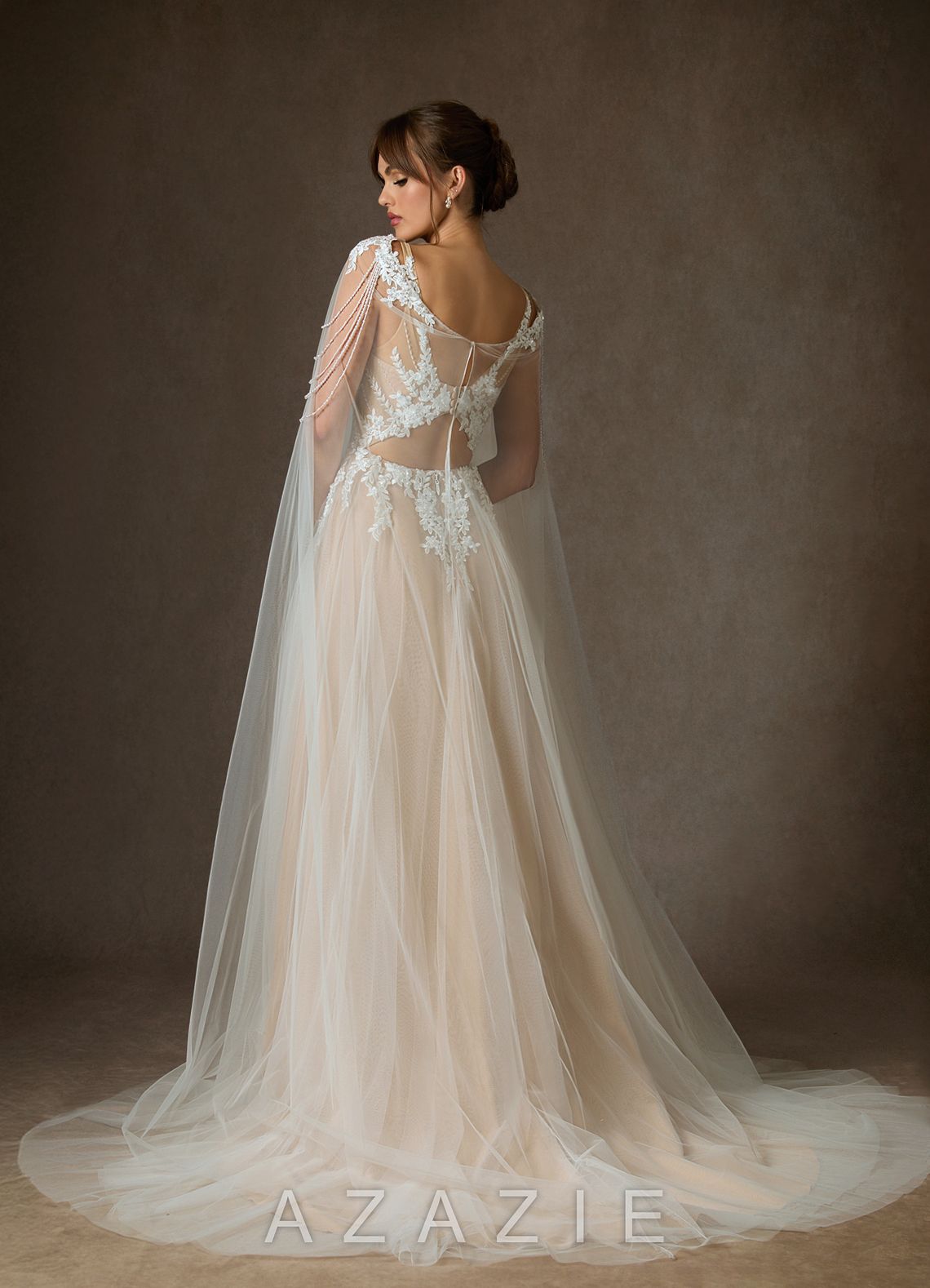 Azazie Goddess Wedding Dress Diamond White Champagne A-Line V-Neck Sequins Tulle Dress diamond_white/champagne