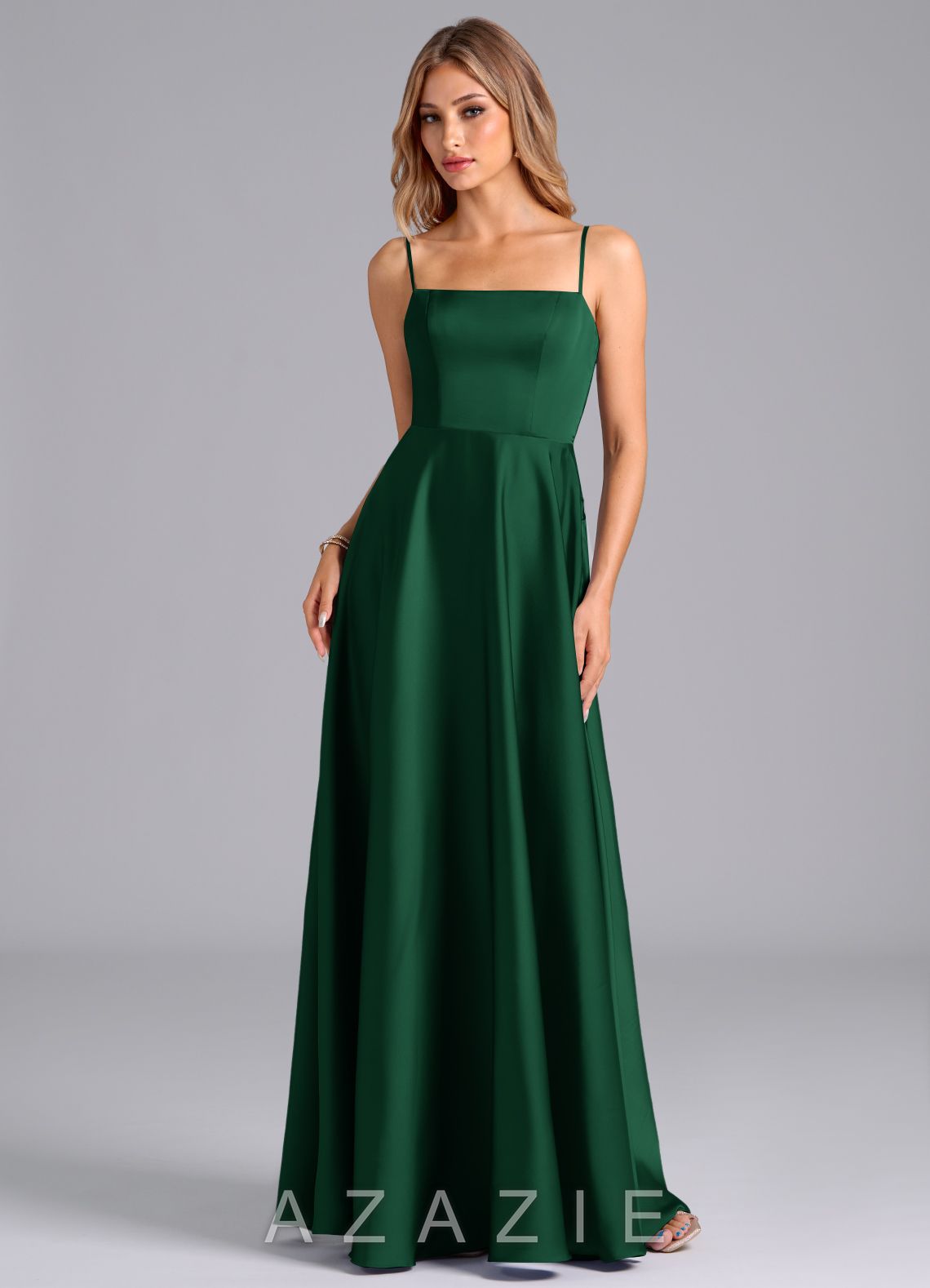 Azazie Elita Dark Green A-Line Pleated Stretch Satin Dress dark_green