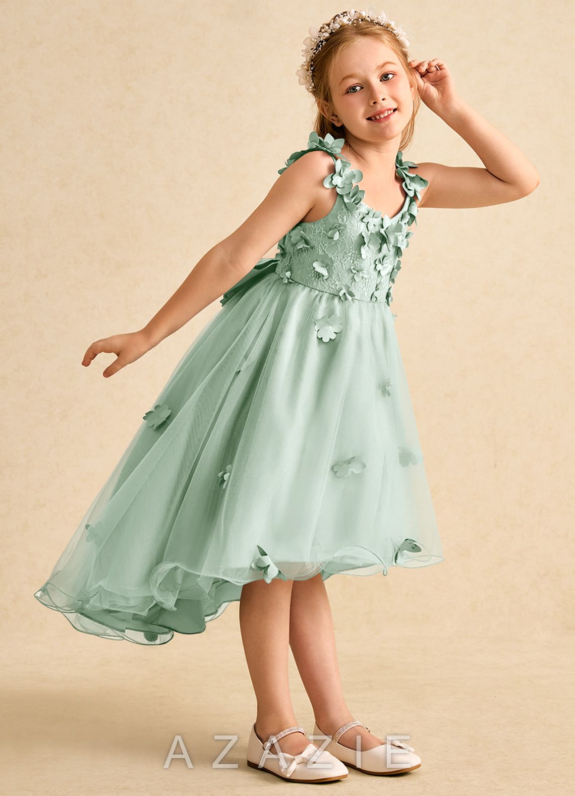 Azazie Tweety Agave A-Line Lace Tulle Dress agave