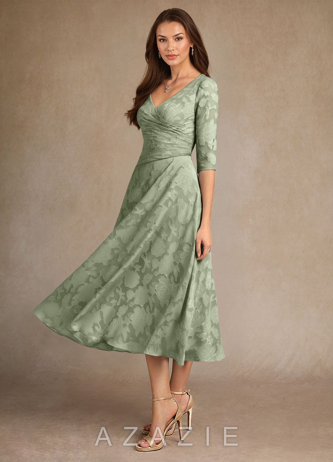 Azazie Durant Agave A-Line Pleated Floral Burnout Dress