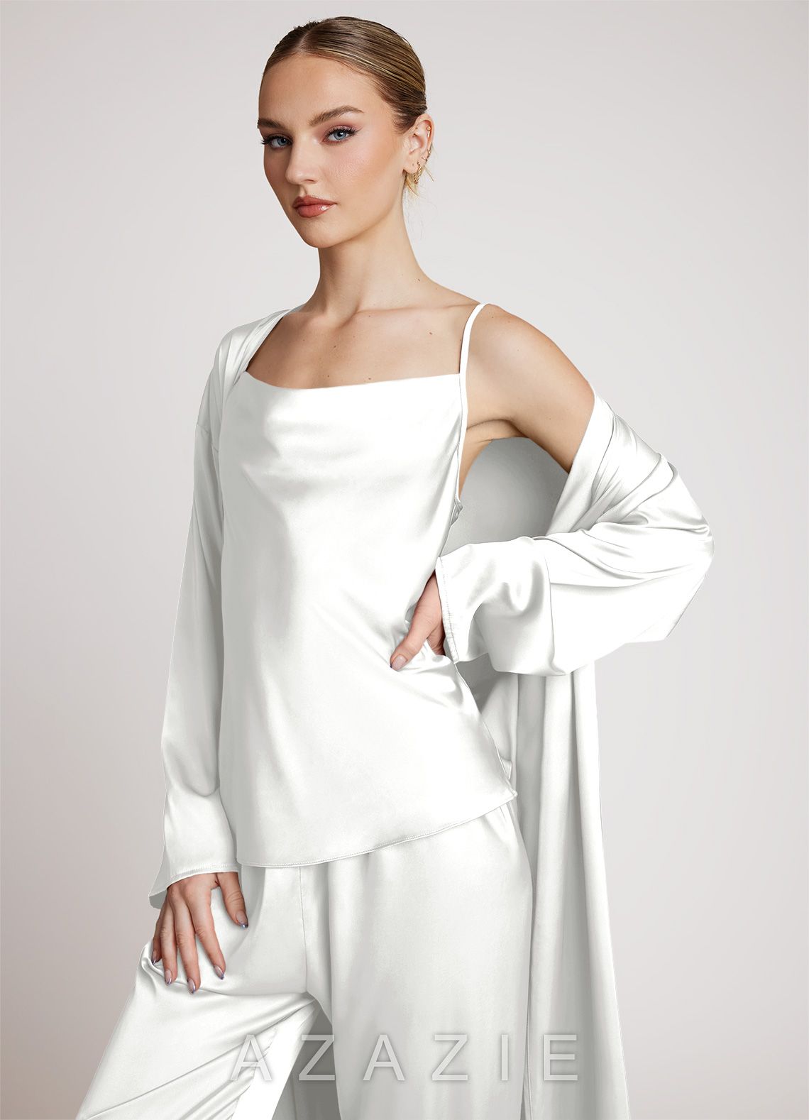 Satin Long Sleeves 3-Piece Loungewear Set  white