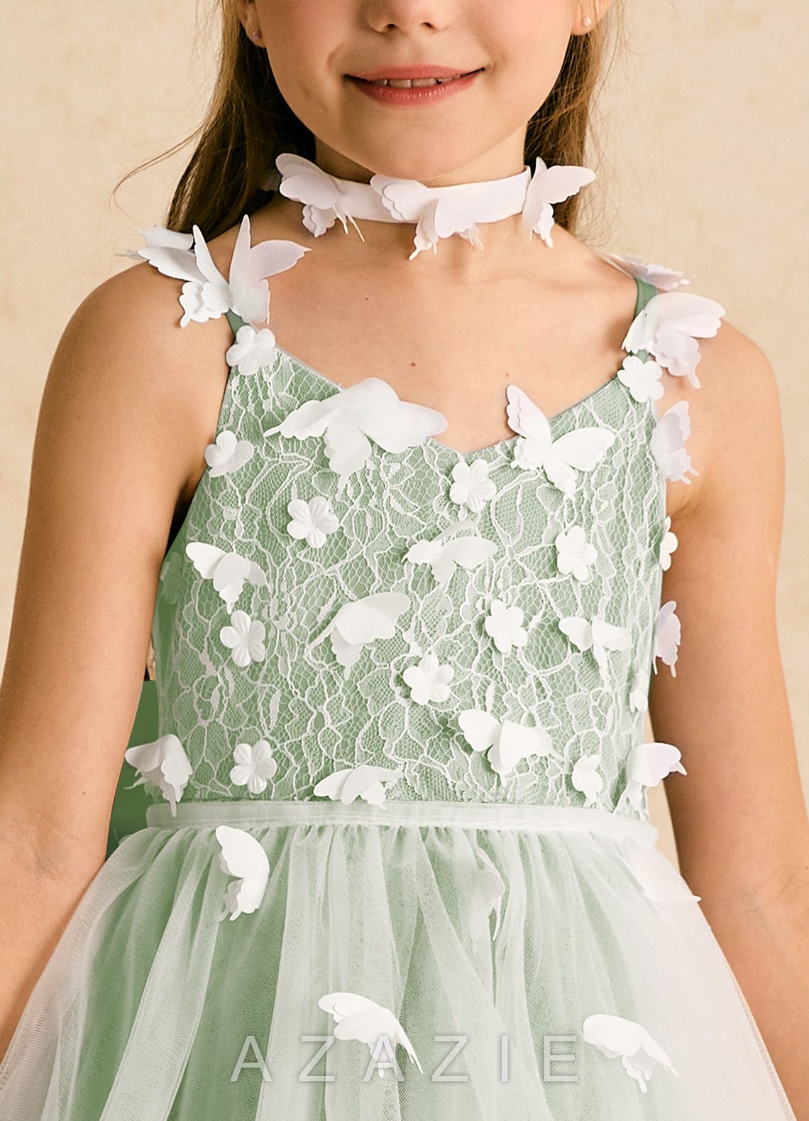 Azazie Darlina Ivory Dusty Sage Ball-Gown Lace Tulle Dress ivory/dusty_sage