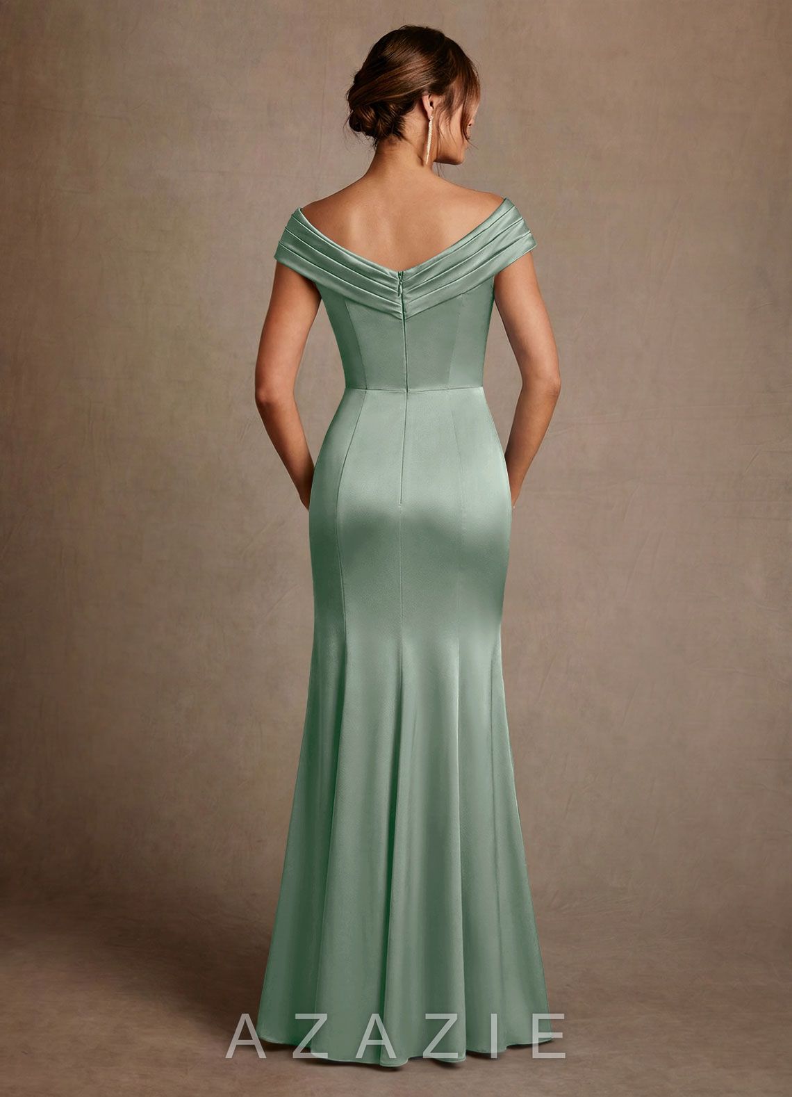 Azazie Aberdeen Agave Sheath Pleated Stretch Satin Dress agave