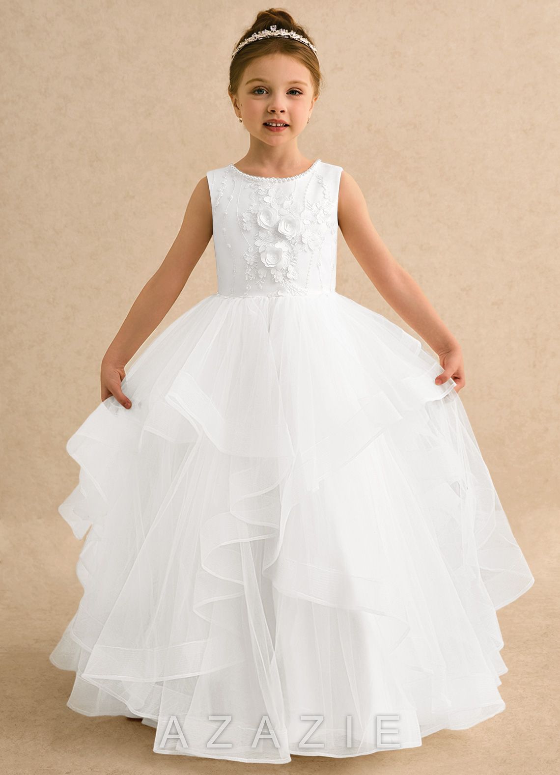 Azazie Claire Ivory Ball-Gown Beaded Tulle Dress ivory