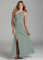 Azazie Maron Junior Agave A-Line Pleated Stretch Satin Dress