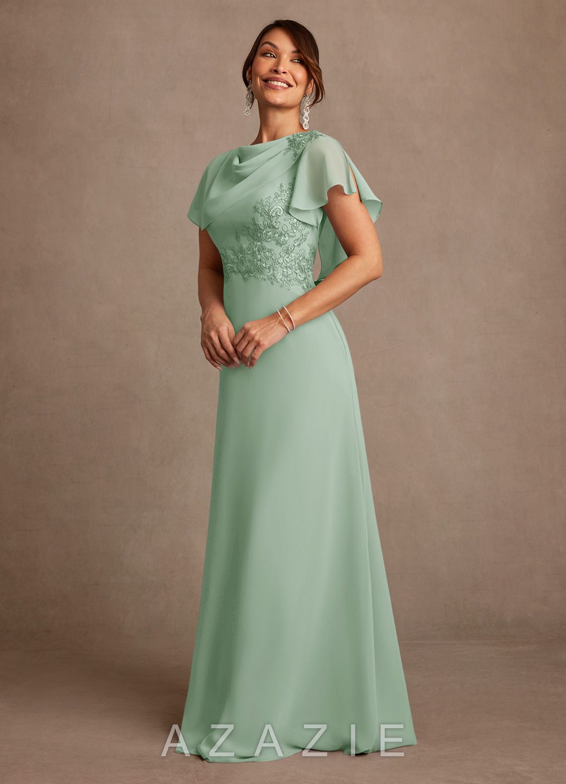 Azazie Frieda Agave A-Line Applique Chiffon Dress agave
