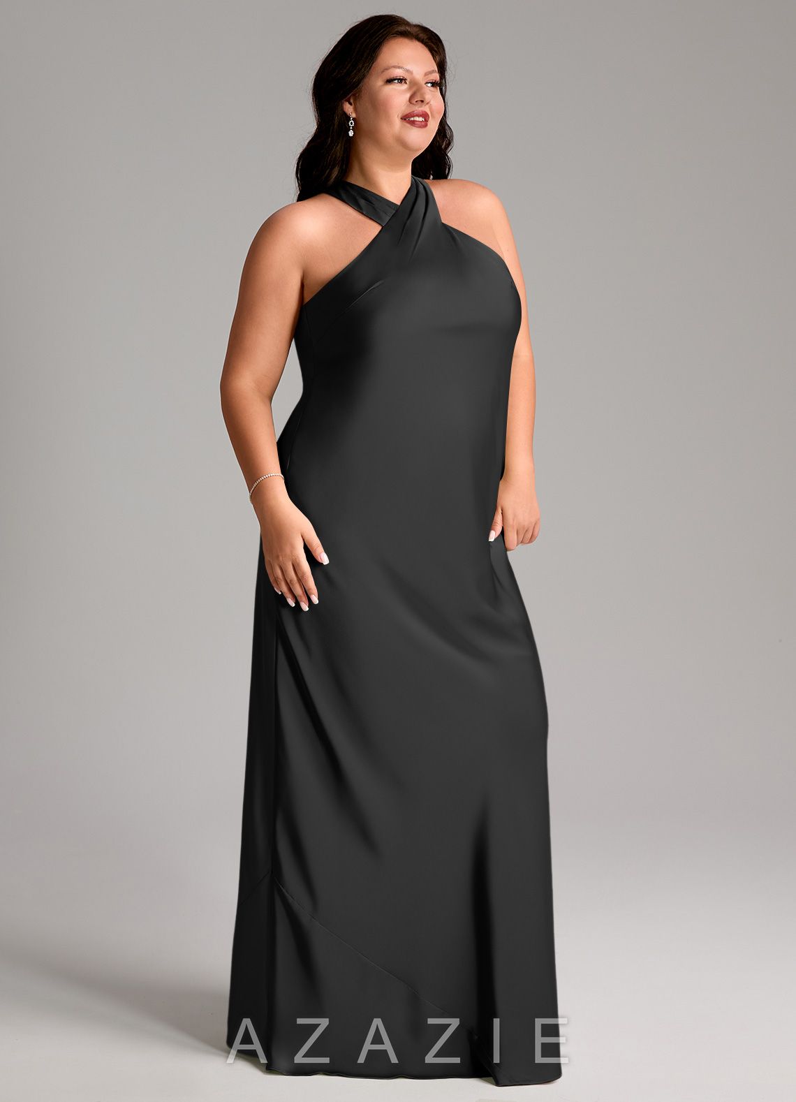 Azazie Doretta Black Mermaid Pleated Stretch Satin Dress black