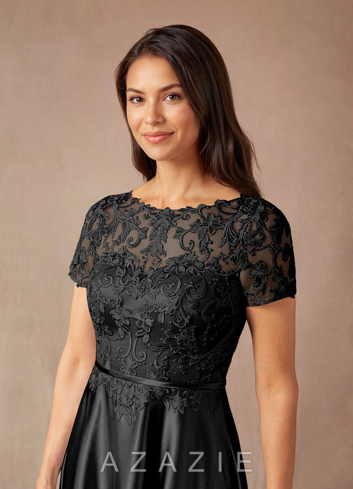 Azazie Adina Black A-Line Lace Metallic Satin Dress black