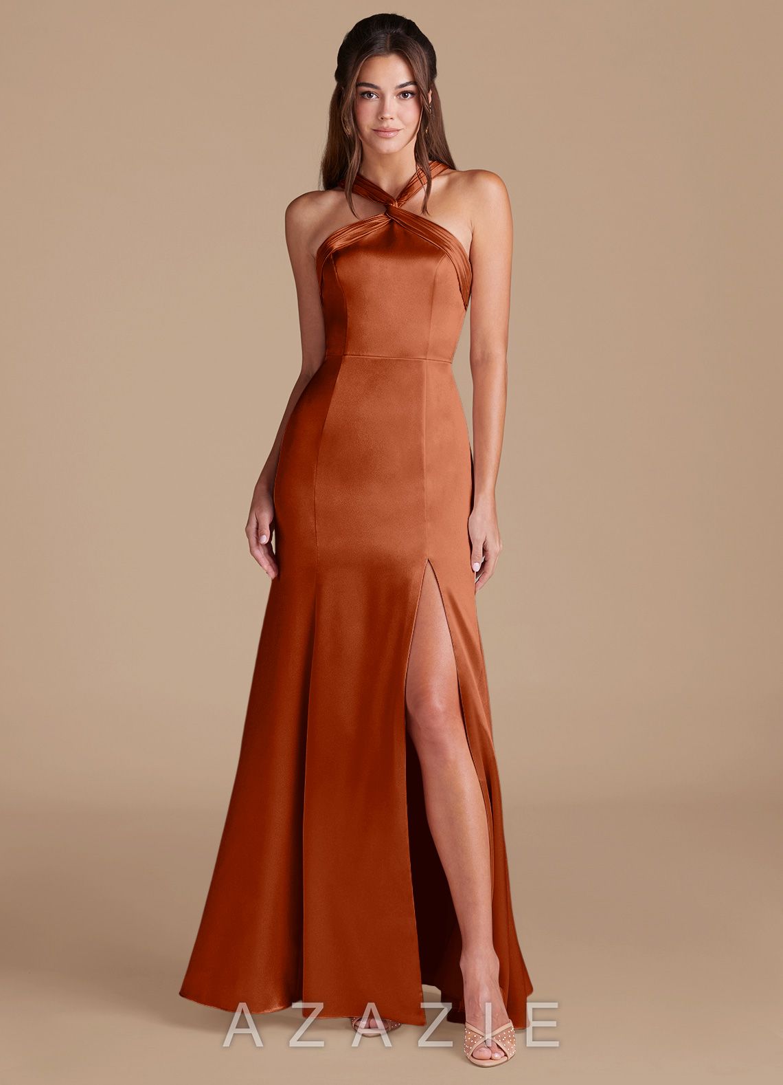Azazie Rue Auburn Mermaid Pleated Metallic Satin Dress