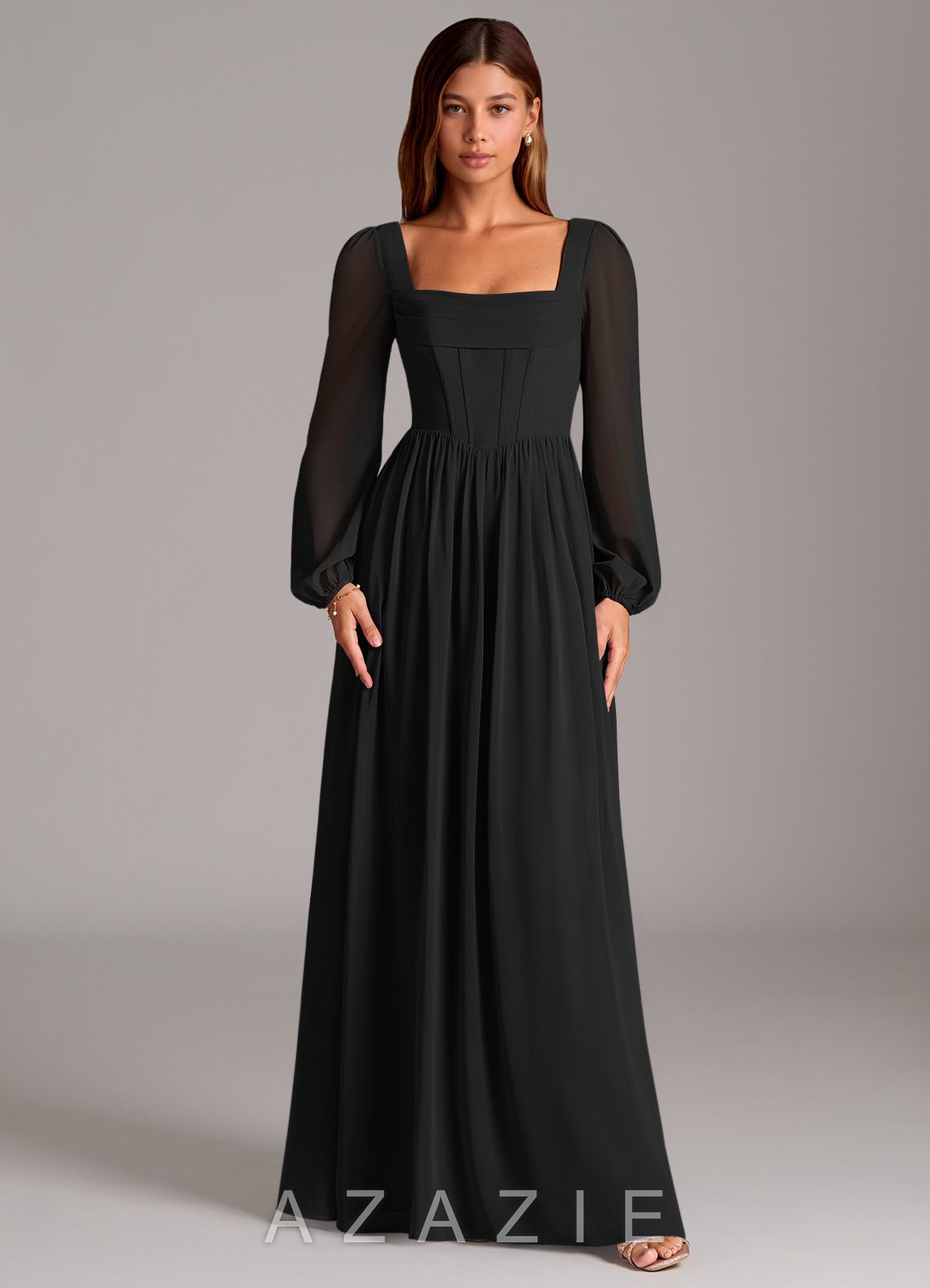 Azazie Maree Black A-Line Corset Chiffon Dress black