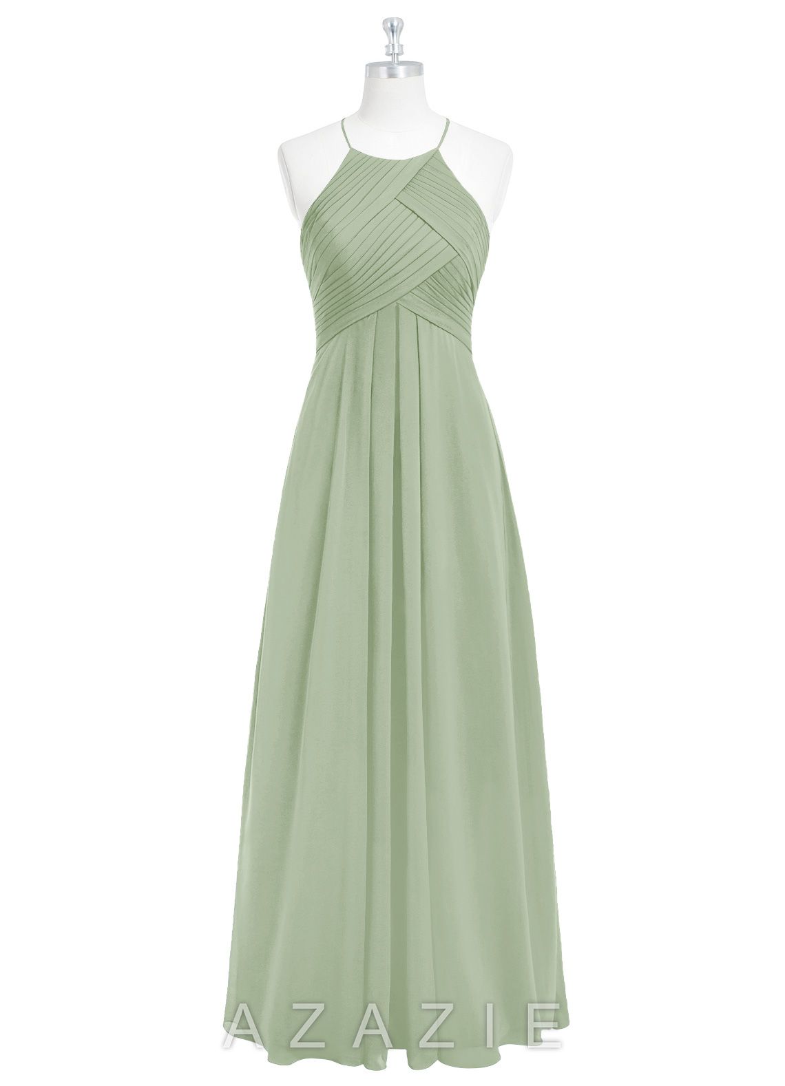 Azazie Ginger Dusty Sage A-Line Halter Pleated Chiffon Dress dusty_sage