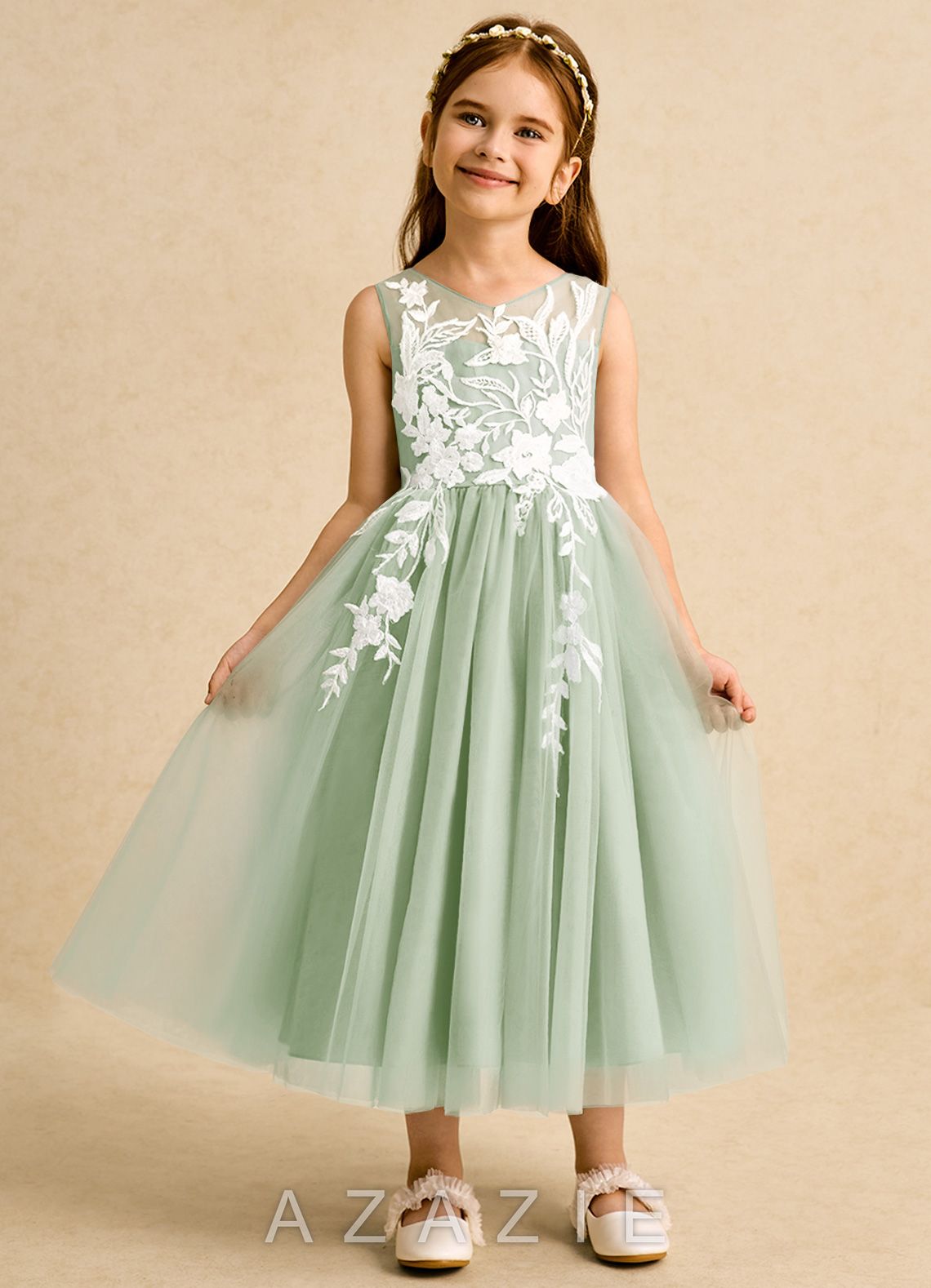 Azazie Sundae Dusty Sage Ball-Gown Lace Dress dusty_sage