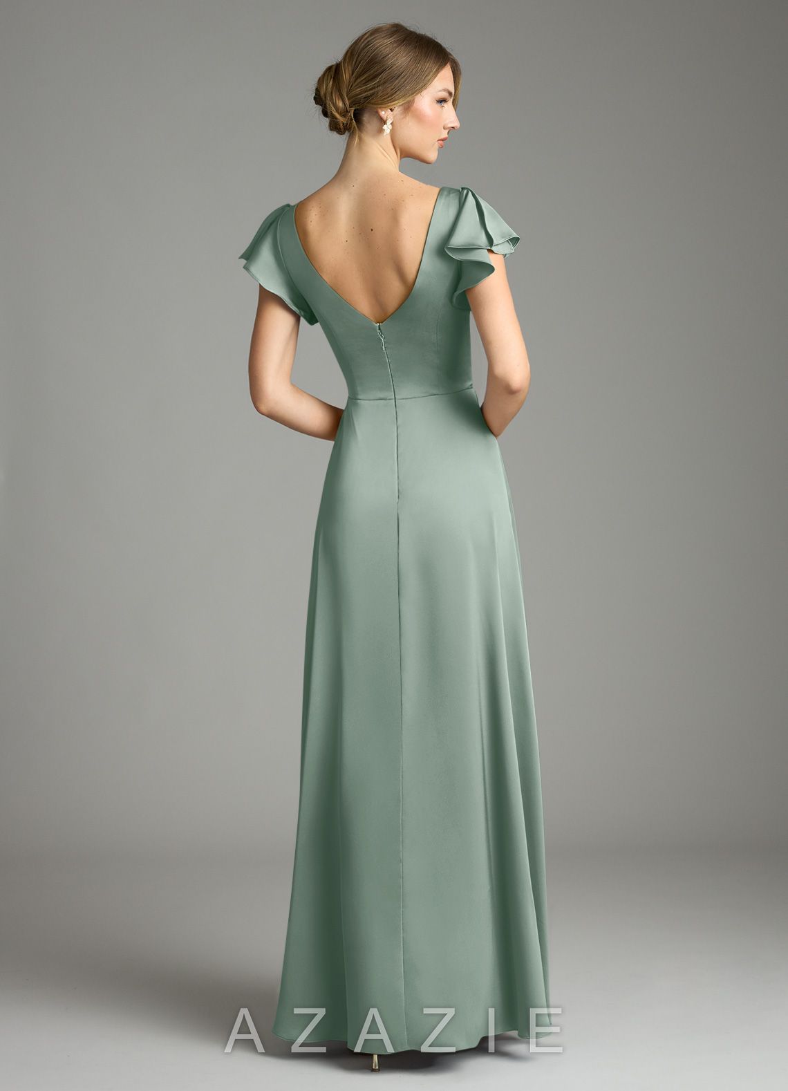 Azazie Omari Agave A-Line Stretch Satin Dress agave