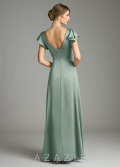 Azazie Omari Agave A-Line Stretch Satin Dress agave