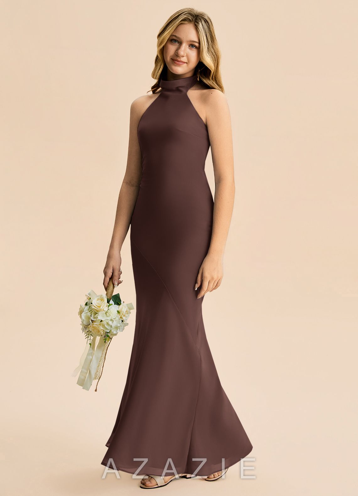 Azazie Velli Junior Ganache Mermaid High Neck Chiffon Dress ganache