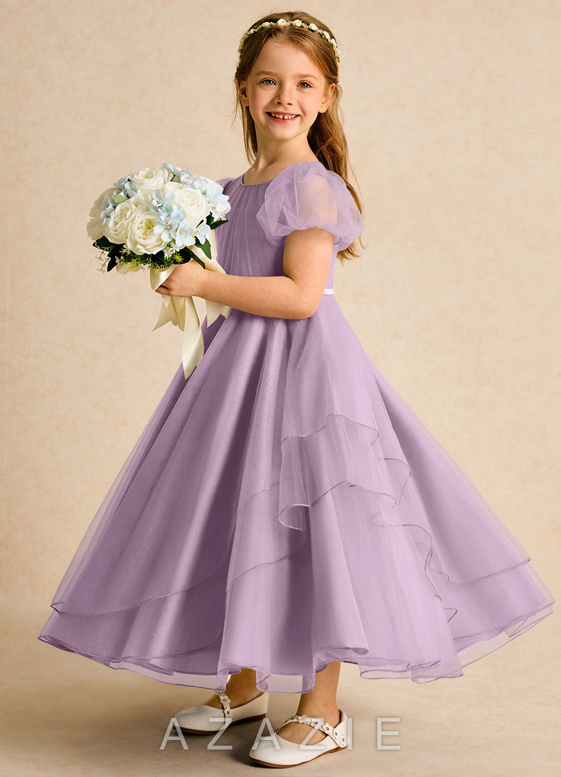 Azazie Duckie Wisteria Ball-Gown Pleated Tulle Dress wisteria