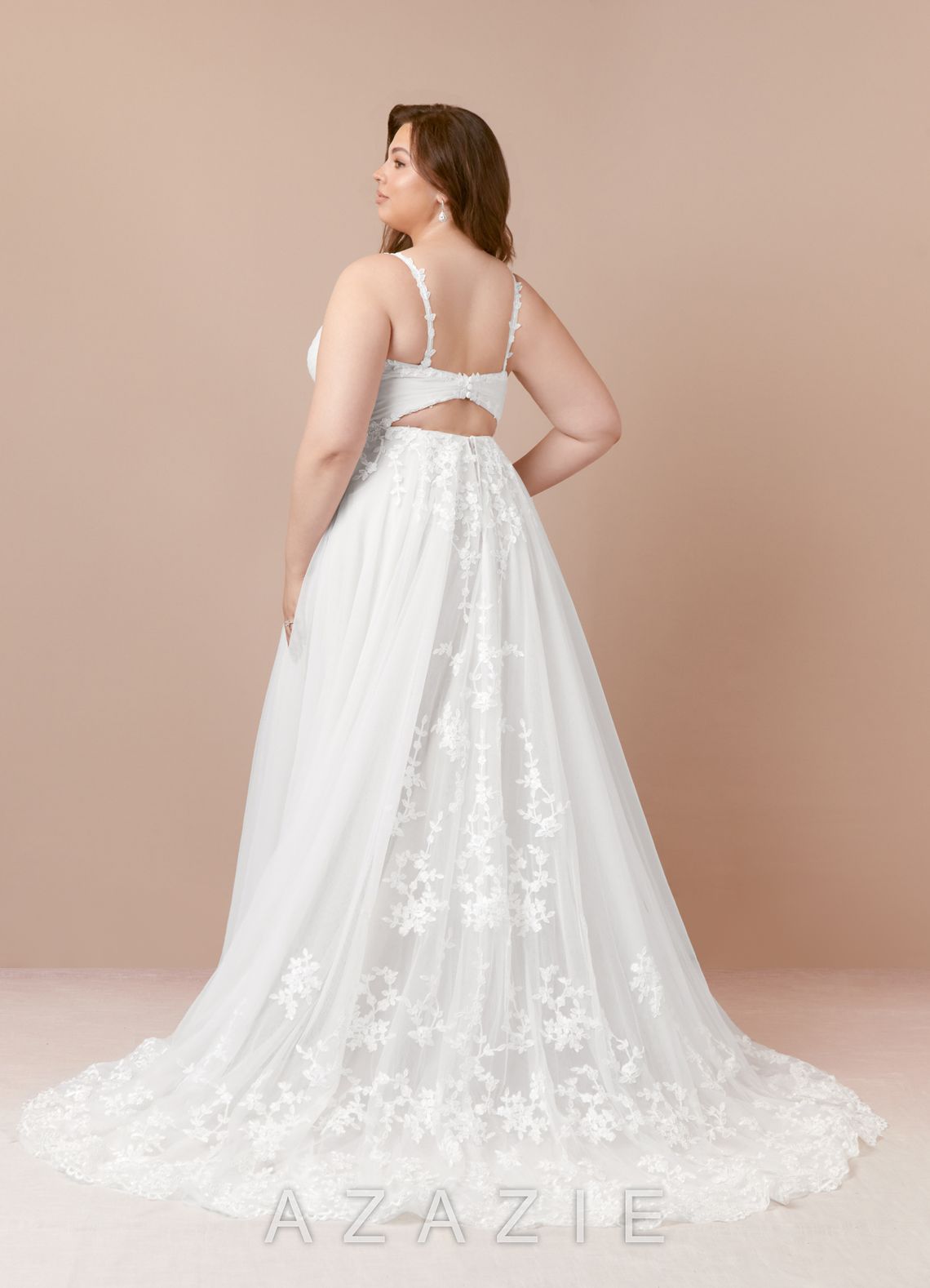 Azazie Devi Wedding Dress Diamond White A-Line V-Neck Lace Tulle Dress diamond_white