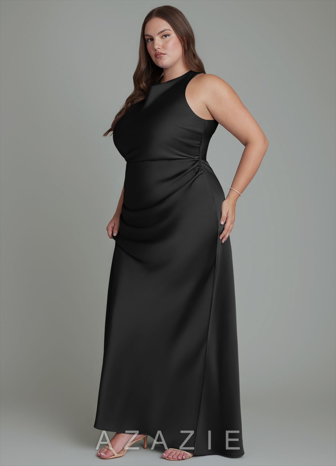 Azazie Evadne Black Sheath Pleated Stretch Satin Dress black