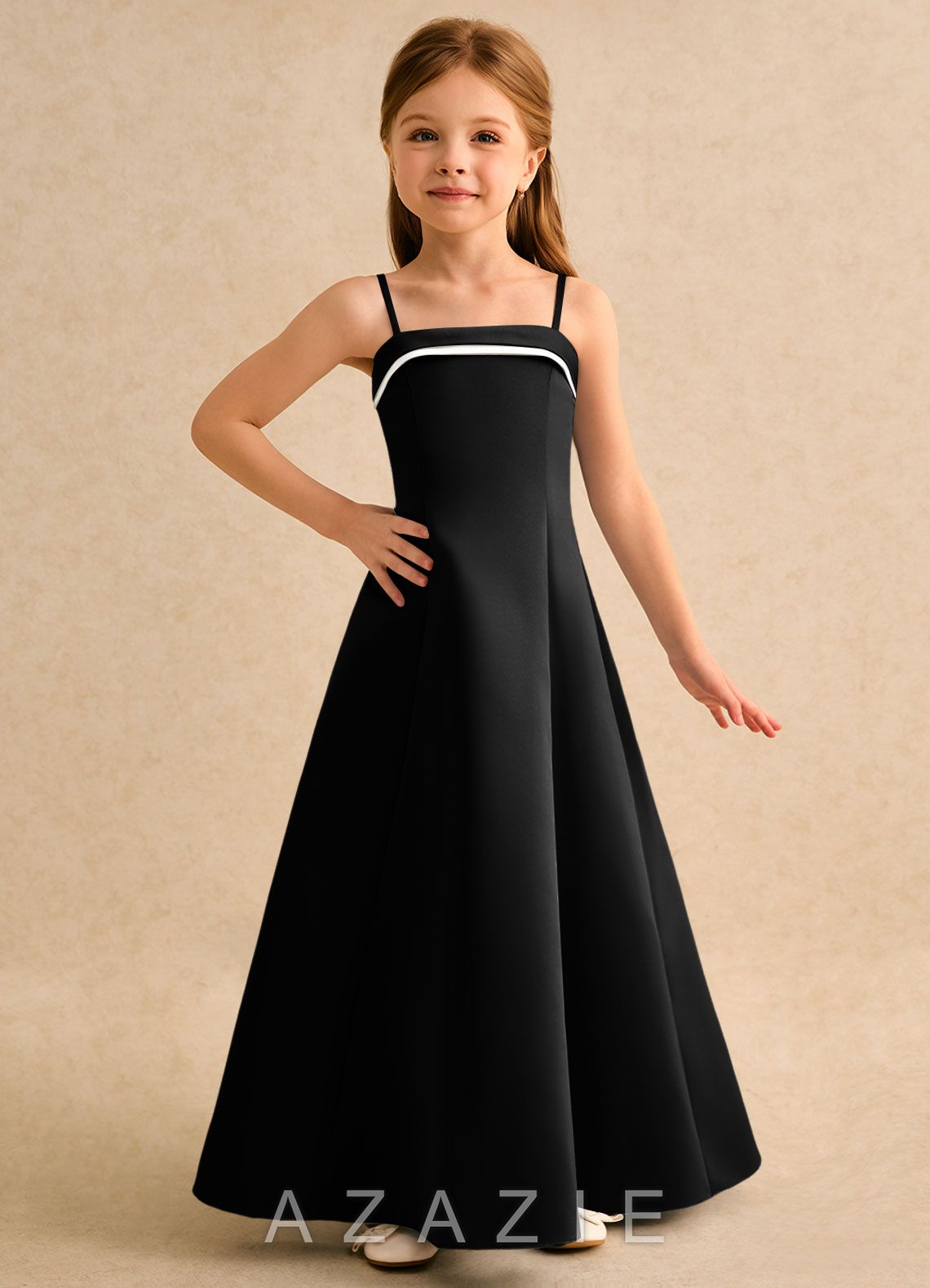 Azazie Izel Girls Formal Ivory Black A-Line Pleated Matte Satin Dress ivory/black
