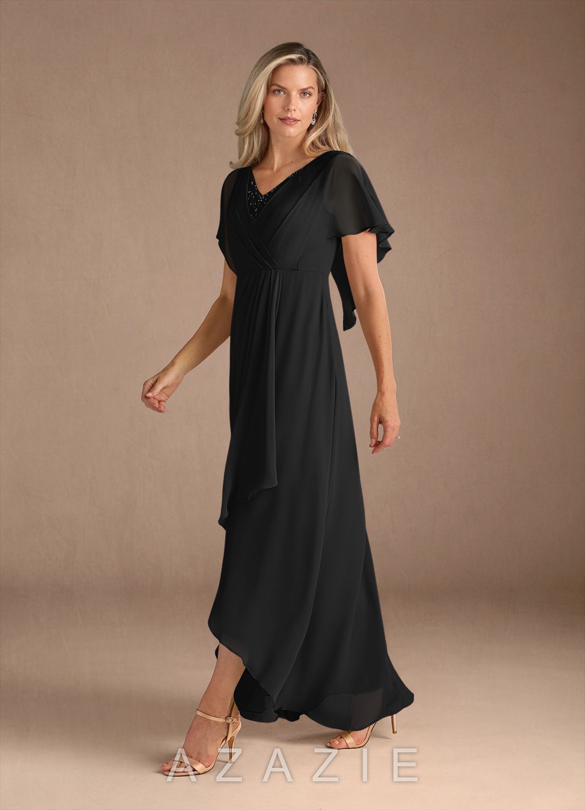 Azazie Eliza Black A-Line V-Neck Pleated Chiffon Dress black