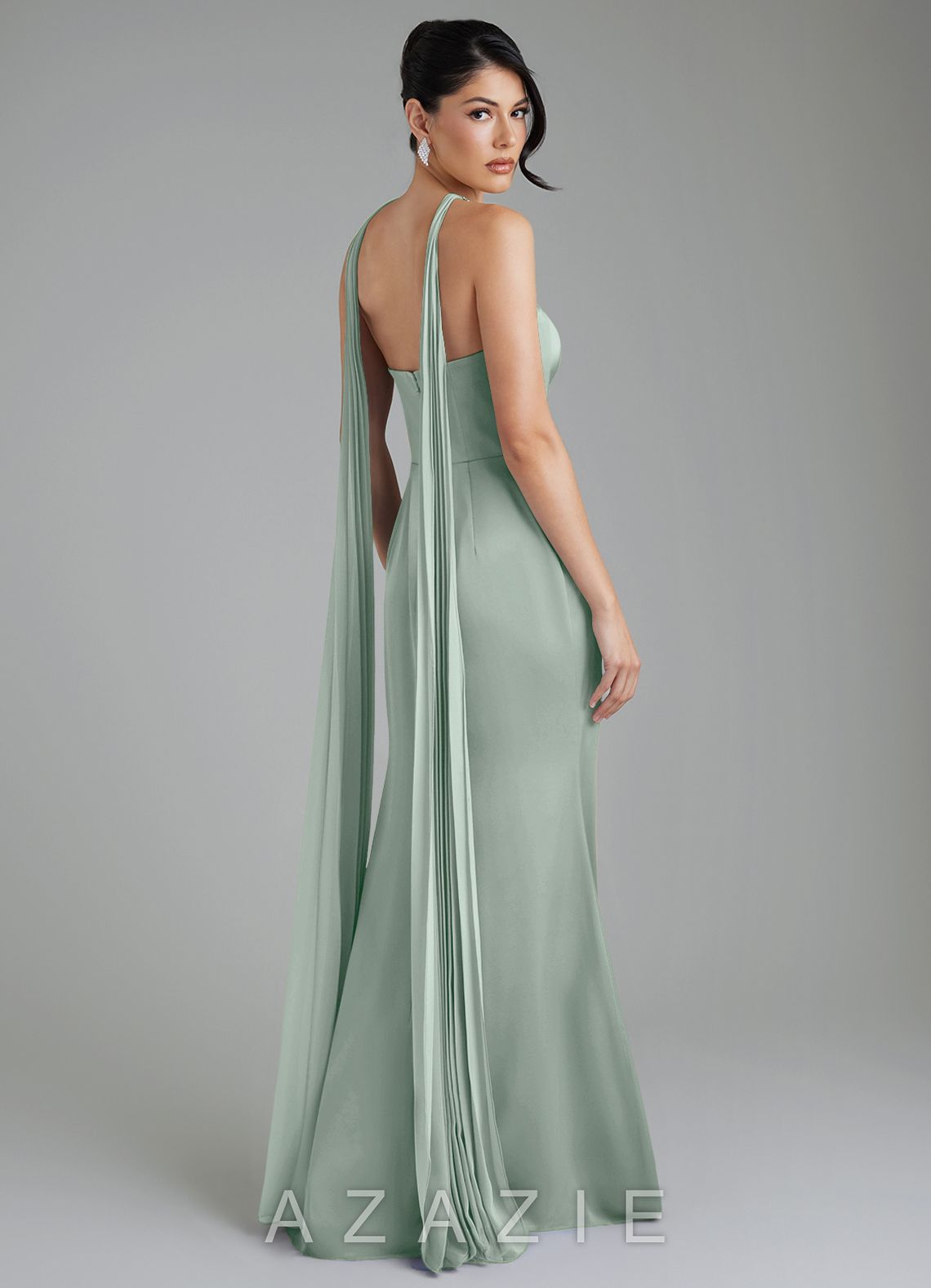 Azazie Tyler Agave Sheath Strapless Stretch Satin Convertible Dress agave