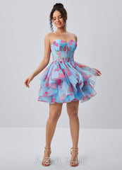 Reliau Blue Lace Print Tulle Corset A Line Lace-Up Mini Dress