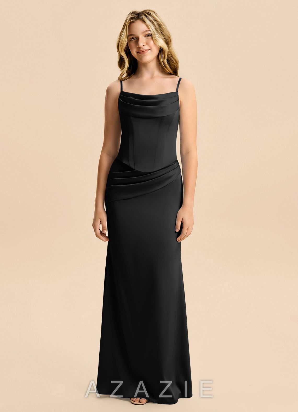 Azazie Sorrel Junior Black Mermaid Ruched Stretch Satin Dress black