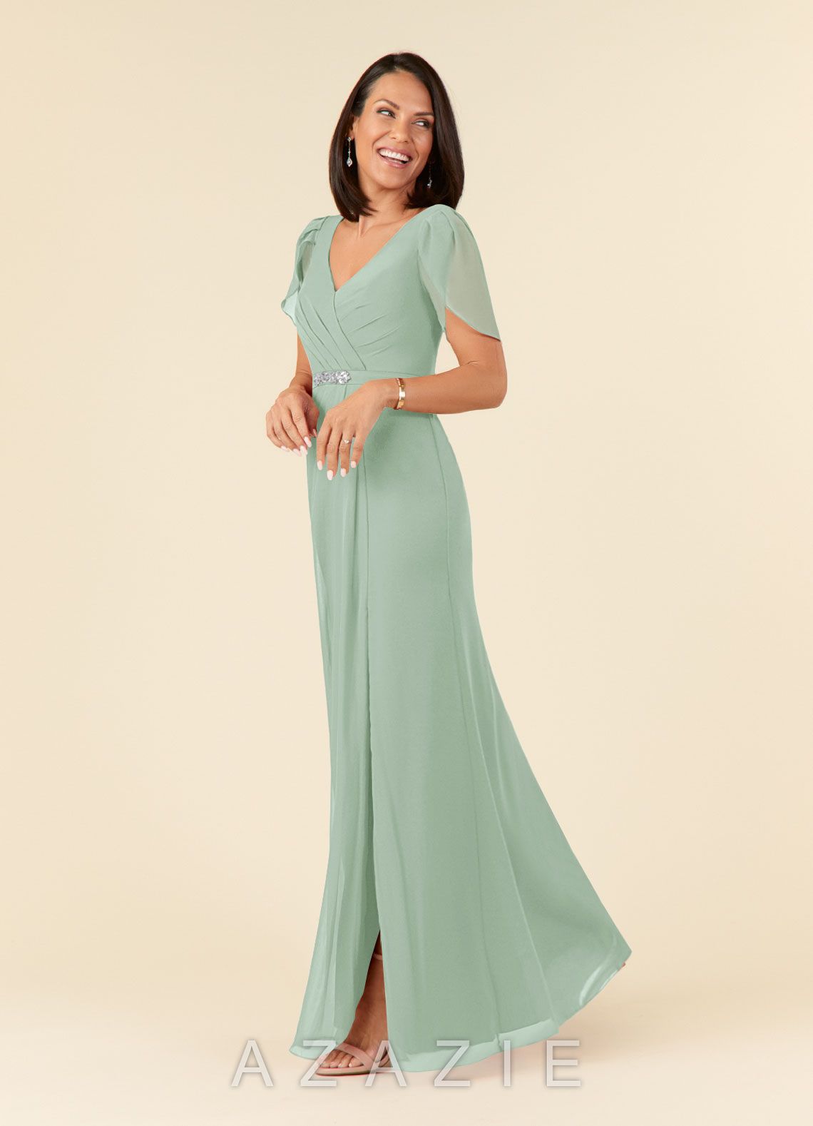 Azazie Marianne Agave Sheath V-Neck Pleated Chiffon Dress agave