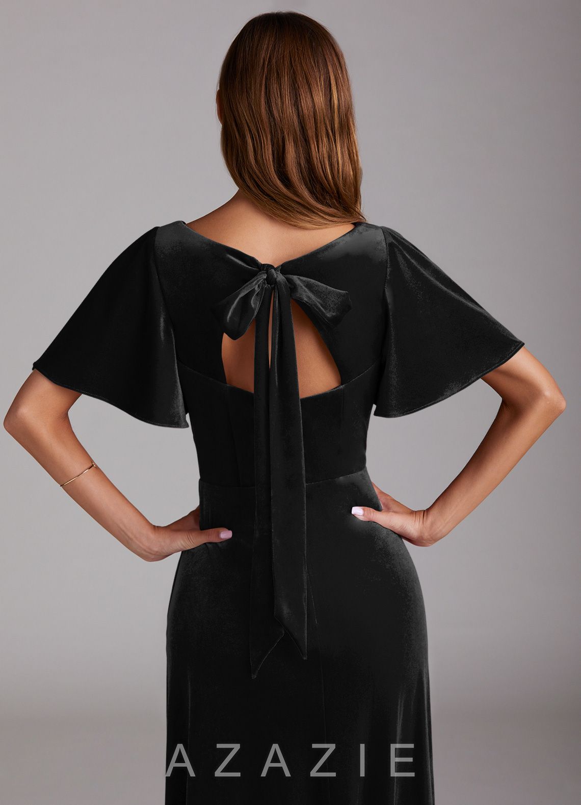 Azazie Kimber Black A-Line with Pockets Velvet Dress black