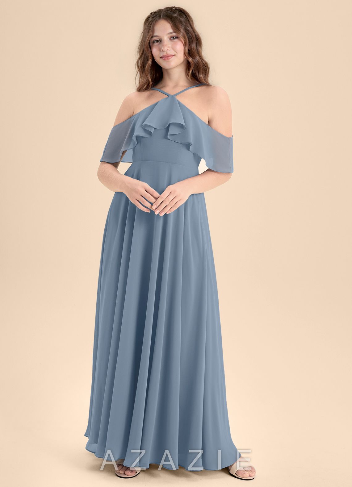 Azazie Tessabelle Junior Dusty Blue A-Line Off the Shoulder Chiffon Dress dusty_blue