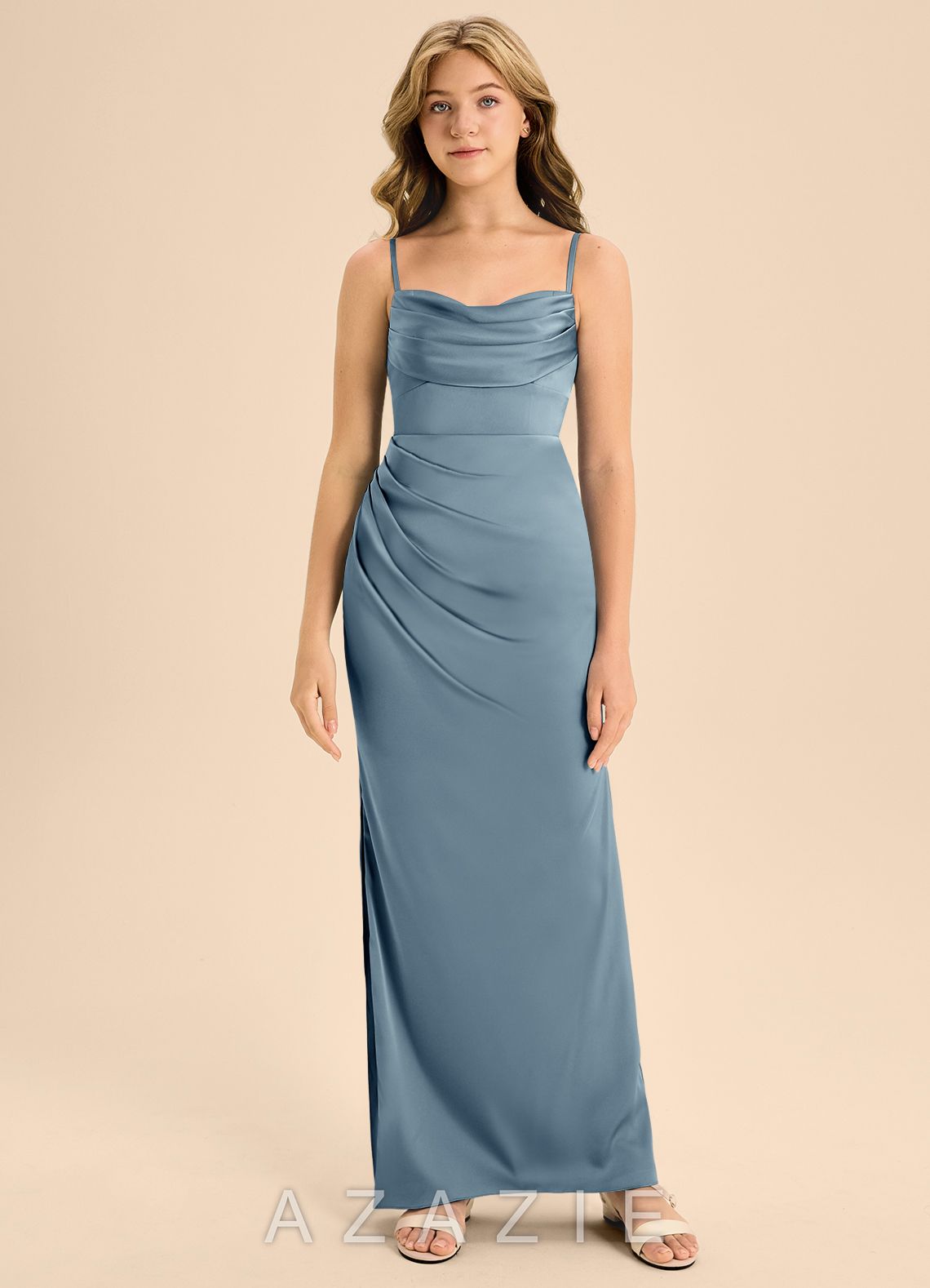 Azazie Mai Junior Dusty Blue Sheath Sweetheart Neckline Stretch Satin Dress dusty_blue