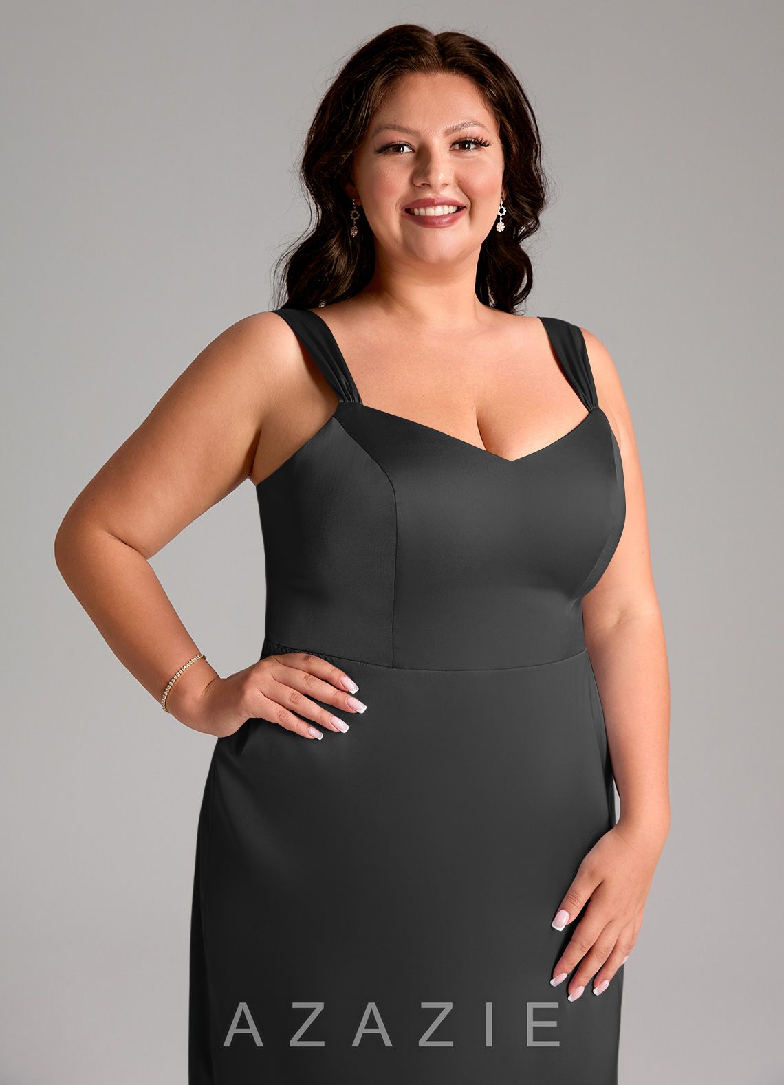 Azazie Denice Black Sheath Pleated Stretch Satin Dress black